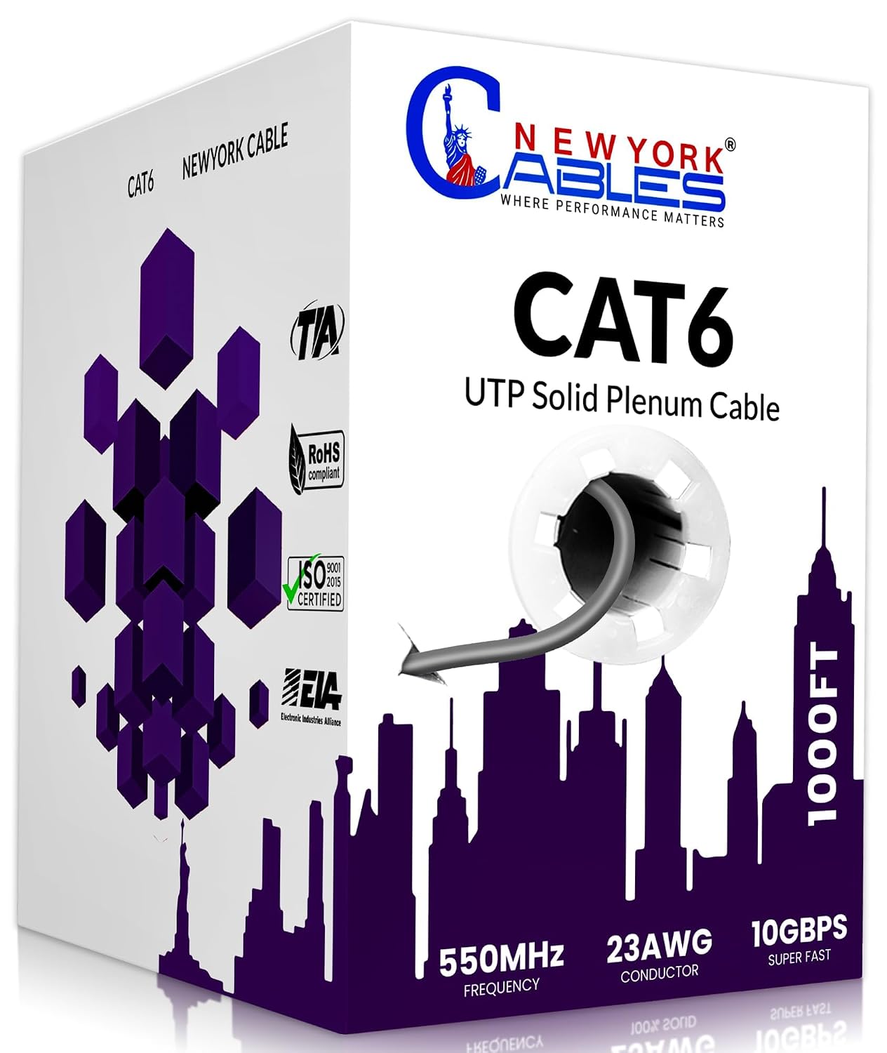 NewYork Cables | CAT6 Plenum Cable 1000ft | UTP, 550MHz, 23AWG, 4Pair 10GB | Most Certified CMP-Rated Fire-Resistant Bulk Cat 6 Ethernet Cable for Networking & Gaming (1000ft, Solid Conductor, Grey)