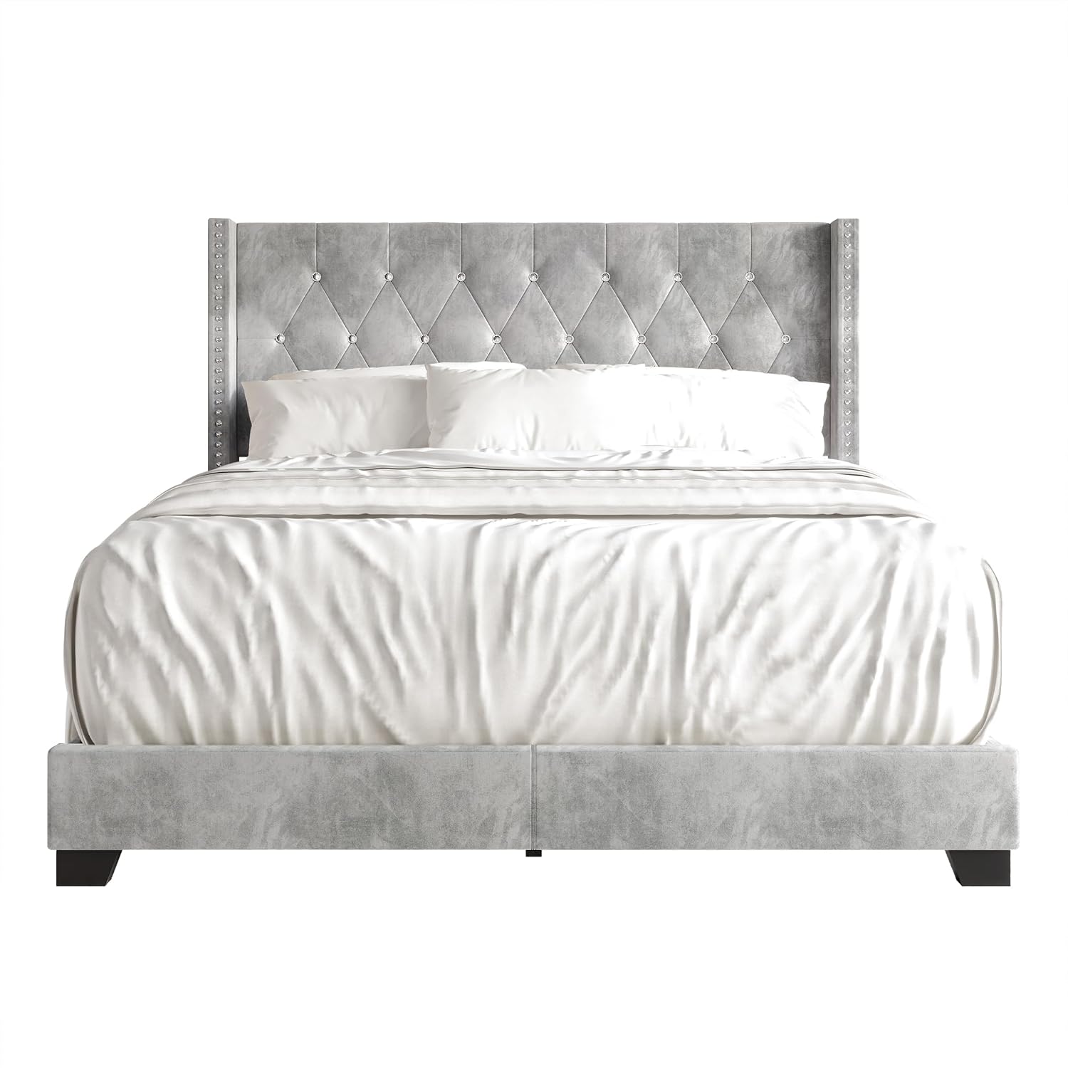 Twin Button Tufted Wingback Velvet Upholstered Bed, Silver Grey