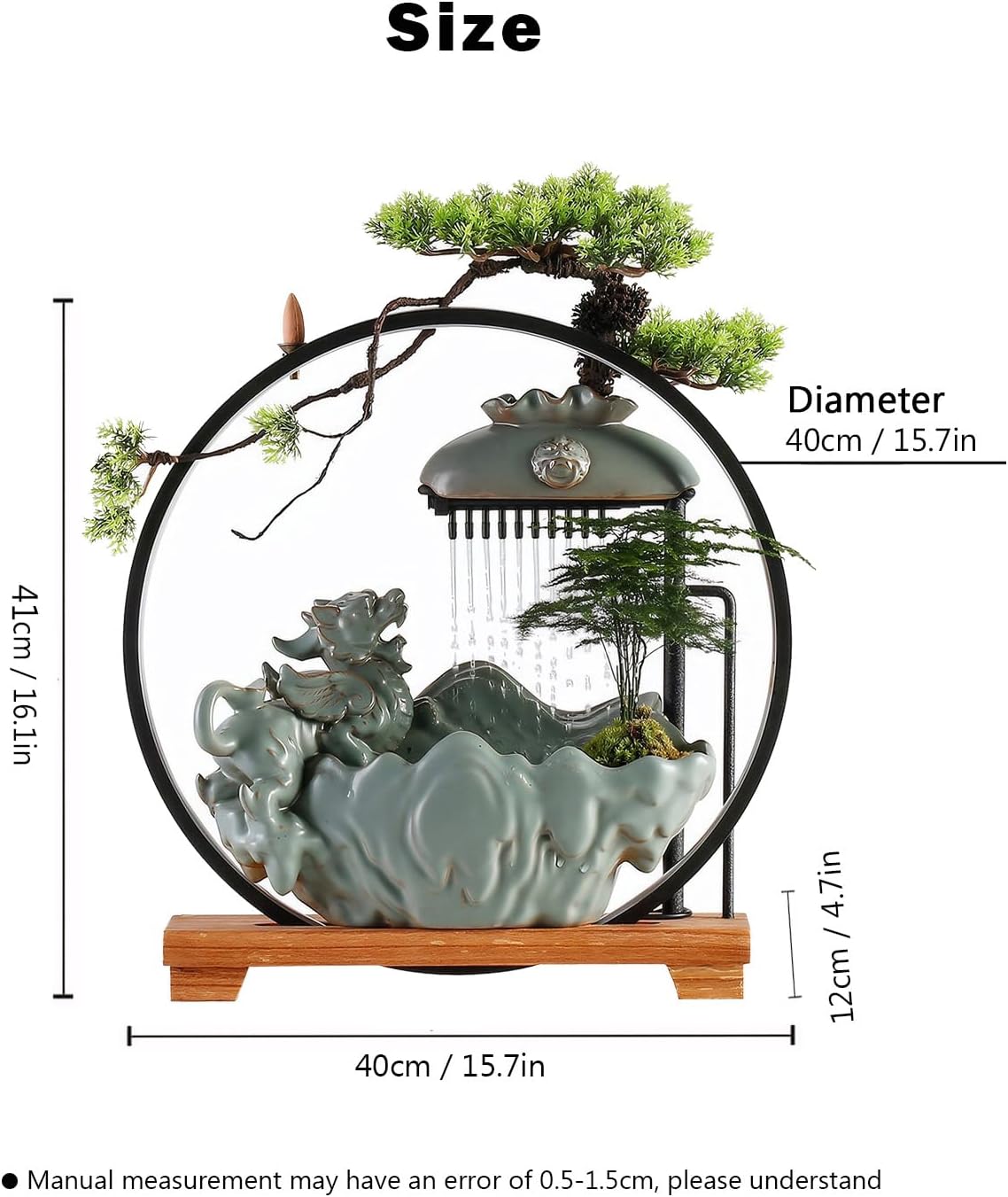 Waterfall Fountain Indoor with Mist, Tabletop Water Fountain,Desk Chinese Ceramic Pixiu Statue with LED Light Ring and Backflow Incense Burner Holder