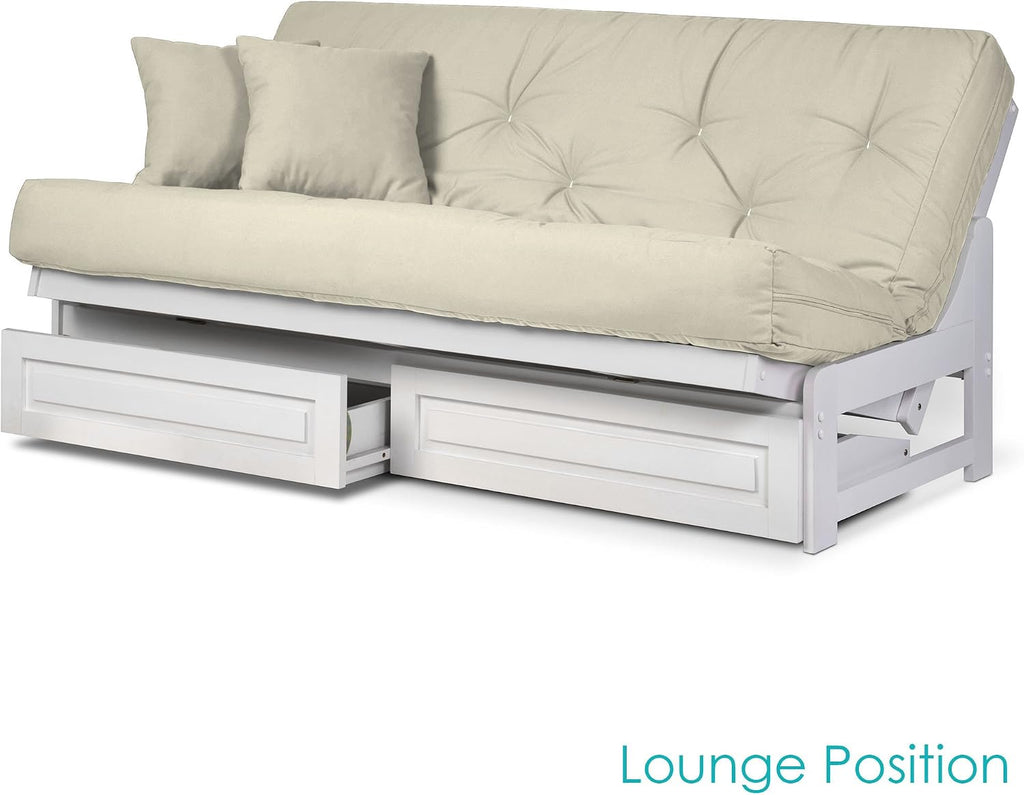 Nirvana Futons Arden White Futon with Storage Drawers Queen Size - Minimalist Armless Design with 8 Inch Comfortable Mattress (Twill Ivory), Sofa Bed Available in