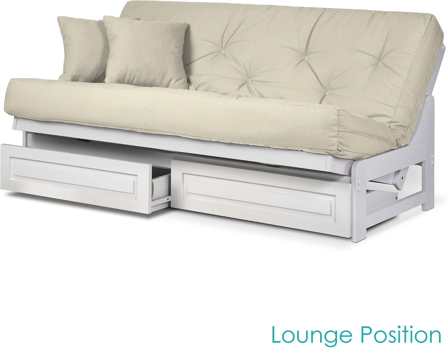 Nirvana Futons Arden White Futon with Storage Drawers Queen Size - Minimalist Armless Design with 8 Inch Comfortable Mattress (Twill Ivory), Sofa Bed Available in