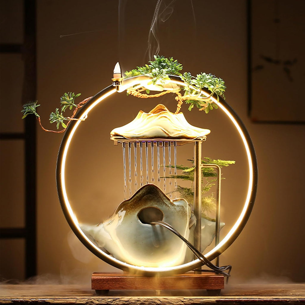 Ceramic Maitreya Buddha Incense Burner, Waterfall Lotus LED Light Ring Backflow Aromatherapy Ornament, with Incense Cones for Home Office Decor for Relaxation Yoga Gift (Buddha-2)