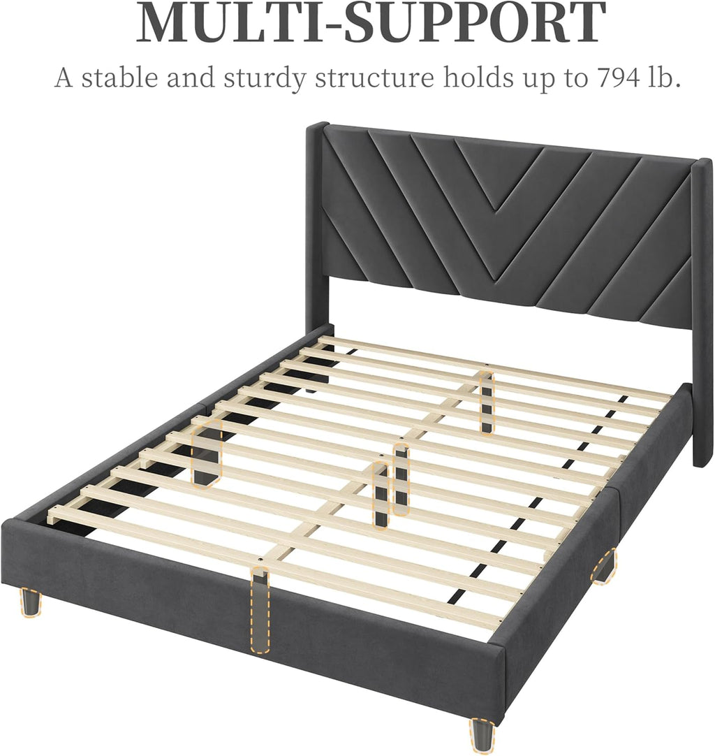 Yaheetech Queen Bed Frame Upholstered Platform Bed/Wooden Slat Support/Tufted Headboard with Wing Side/Mattress Foundation/No Box Spring Needed,Dark Gray Queen