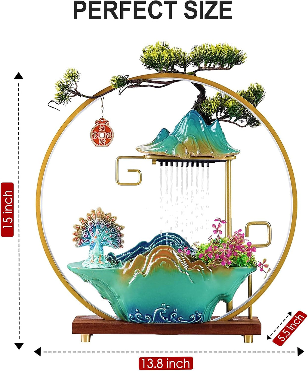 Peacock Tabletop Indoor Waterfall Fountain, Incense Burner, Feng Shui Decor for Good Luck Wealth, Ceramic Fountain with LED Light Zen Decor for Meditation and Relaxation