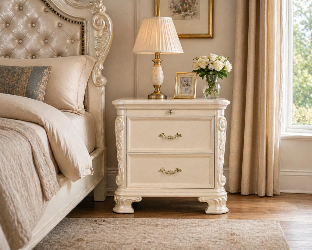 First of a Kind Nightstand Bedroom Furniture Victoria Off White Traditional Wood Bedside Table Ornate European Inspired Design Classic Bedroom Nightstand Coordinated Furniture Style