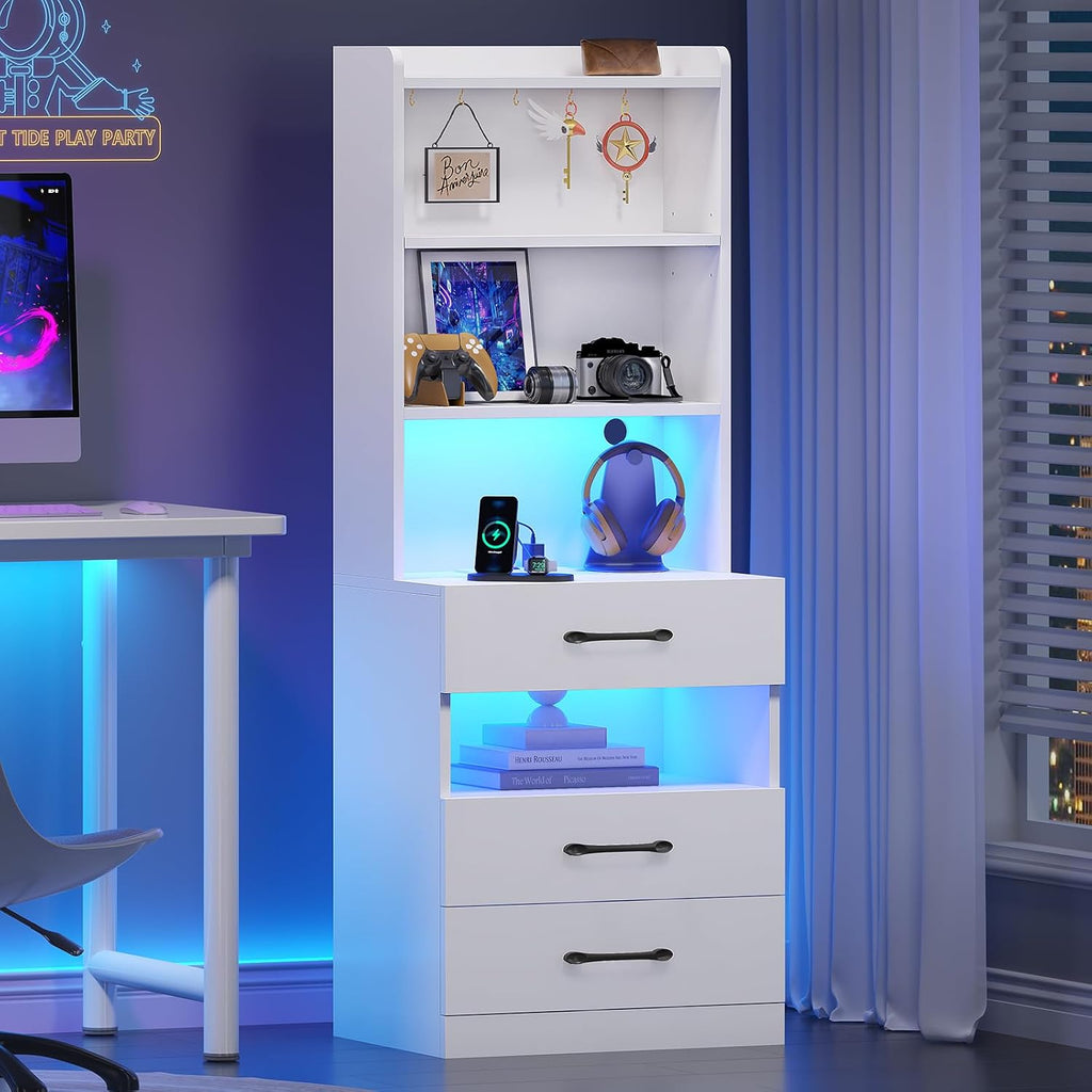 VIAGDO Tall Nightstand Set of 2 with Charging Station and LED Lights, White Night Stand Set 2 with Bookshelf, Modern LED Bedside Tables with 3 Drawers and Storage Shelves, Side Tables for Bedrooms