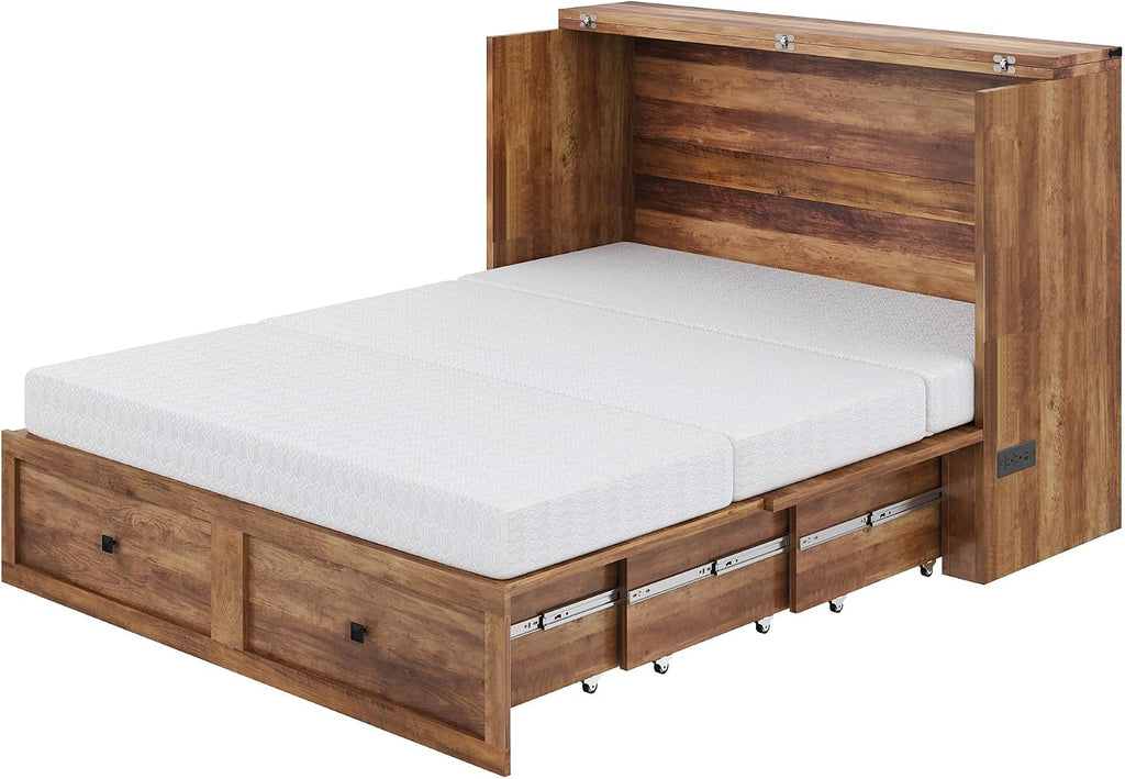 LUXOAK Full Murphy Bed with 6' White Tri-Fold Memory Foam Mattress, Storage Drawer & Charging Station, Space-Saving Design for Home Office or Guest Room, Barnwood