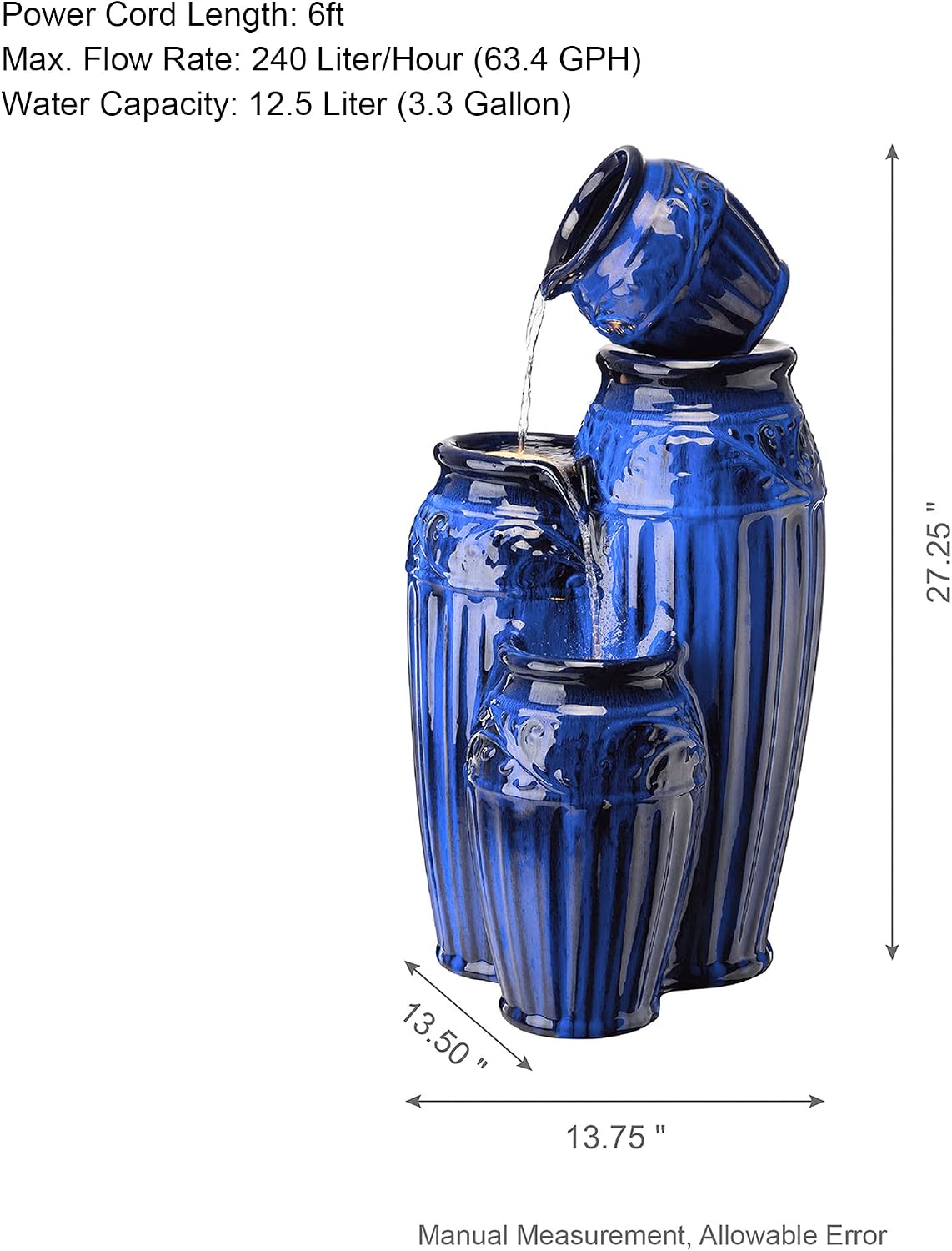 Glitzhome Water Fountain Outdoor with LED Lights, 4-Tier Ceramic Pots Outdoor Water Fountain, Embossed Pattern Cascading Water Feature for Garden Patio Backyard, Cobalt Blue, 27.25' H