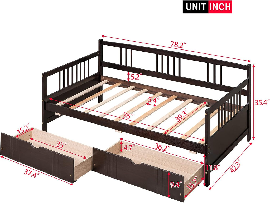Merax Daybed Bed Wooden Slats Support Modern Living Daybed with Rails (Twin with Drawers, Espresso)