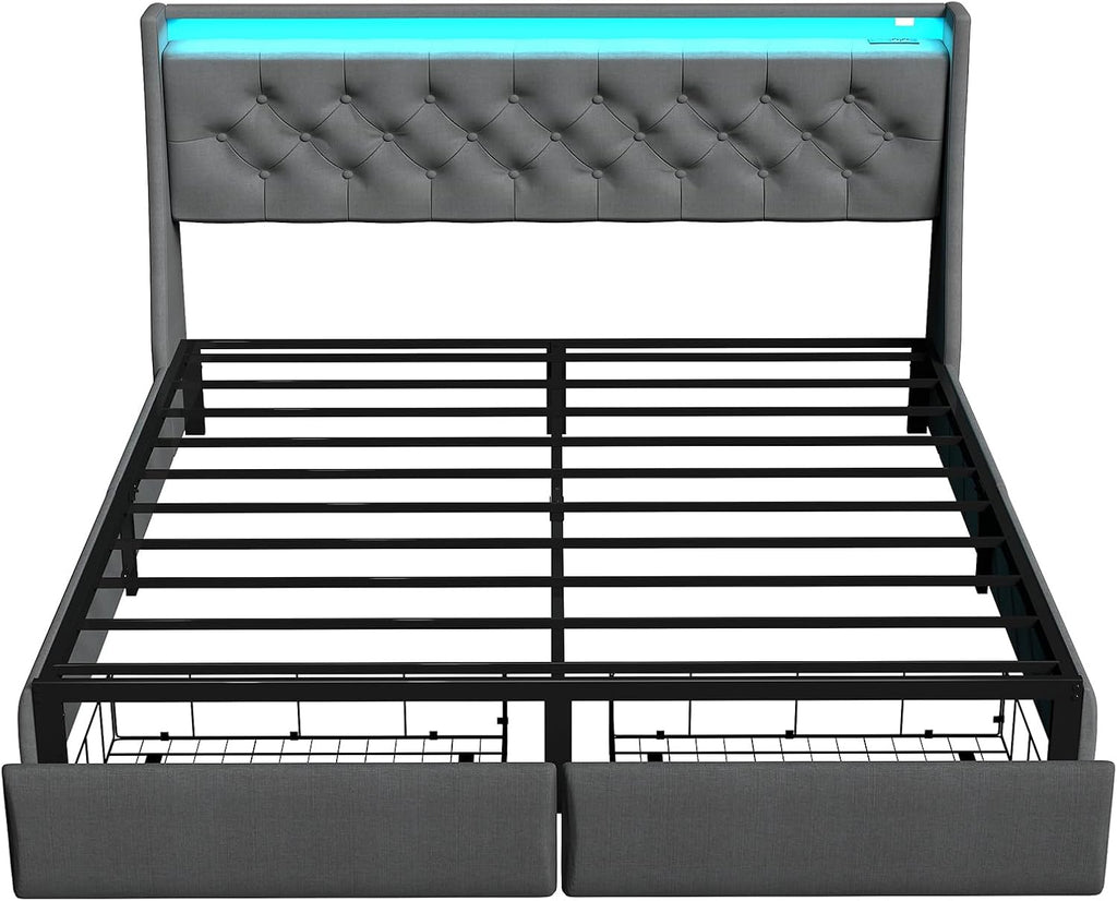 SADENICEL Queen Bed Frame with Storage Headboard and 2 Drawer, Metal Queen Size Bed Frame Platform with LED Light, Charging Station, No Box Spring Needed, Noise Free, Easy Assembly, Grey