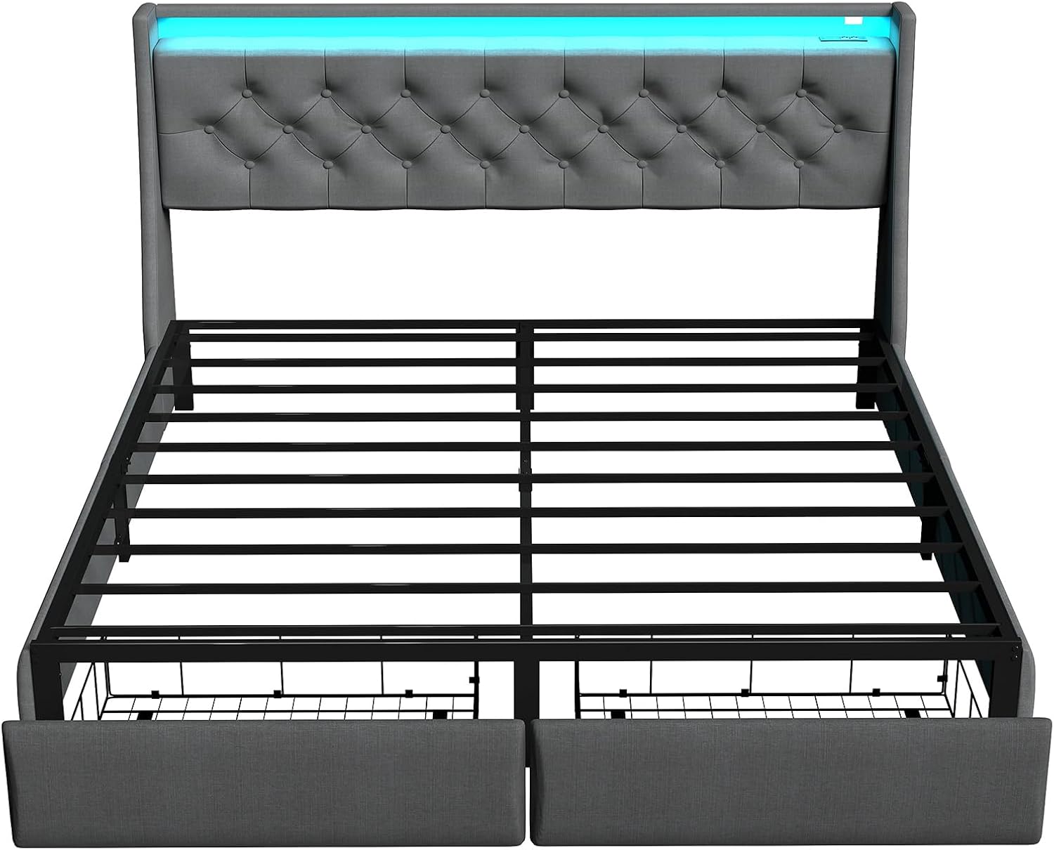 SADENICEL Queen Bed Frame with Storage Headboard and 2 Drawer, Metal Queen Size Bed Frame Platform with LED Light, Charging Station, No Box Spring Needed, Noise Free, Easy Assembly, Grey