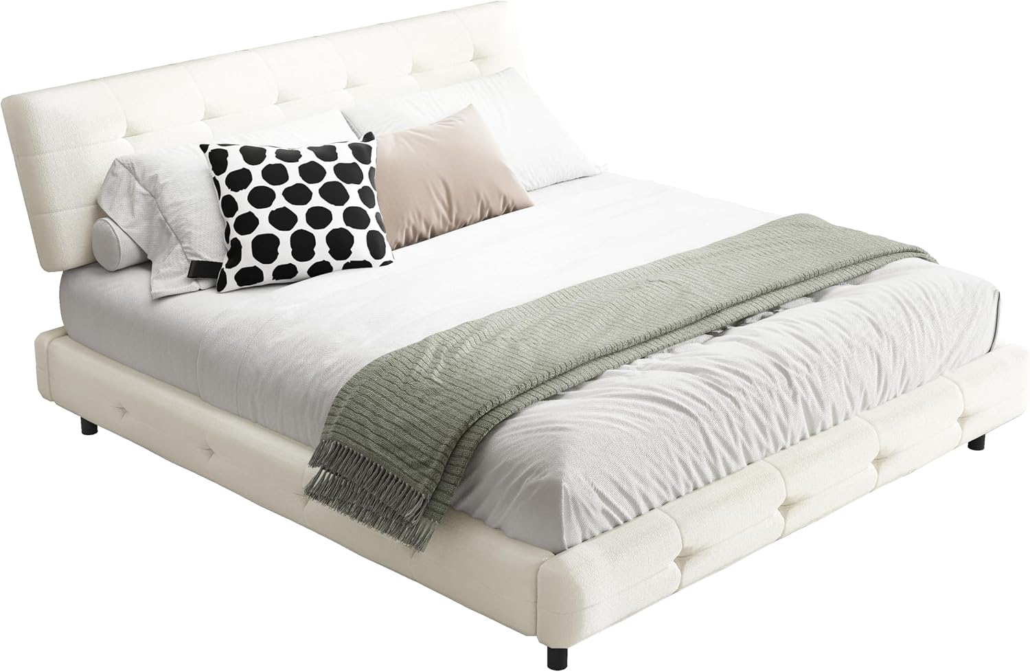 King Size Platform Bed Frame, Tufted Headboard with Extra-Large Ultra-Soft Cloud Pillow Design, Chenille Platform Bed with Metal and Wooden Slats Double Support, No Box Spring Needed (Beige-King,7)