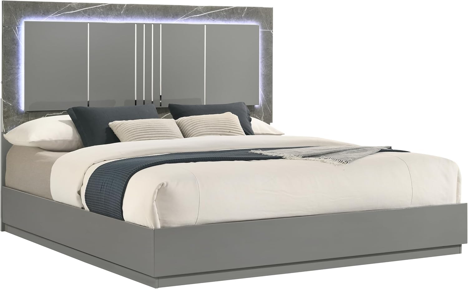 Modern Queen Bedroom Set: 4-Piece Gray Two-Tone Marble & Lacquer Furniture - LED Lighting Headboard & Red Velvet Drawers - Metal Legs for Luxurious Master Bedroom
