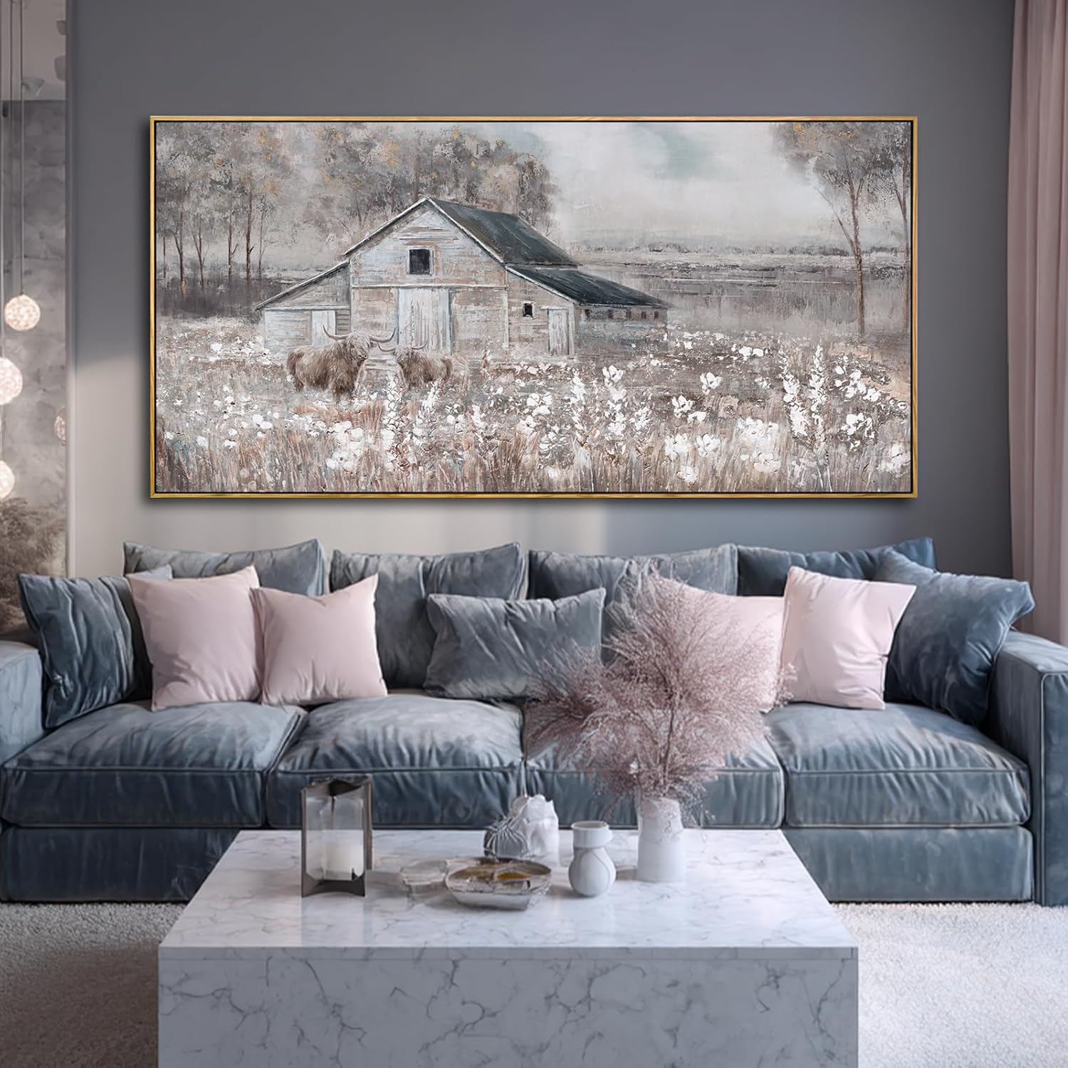 SDYA Flower Canvas Wall Art Cow Pictures Wall Decor Landscape Photo Prints 29'x58' Large Artwork for Living Room Poster for Office