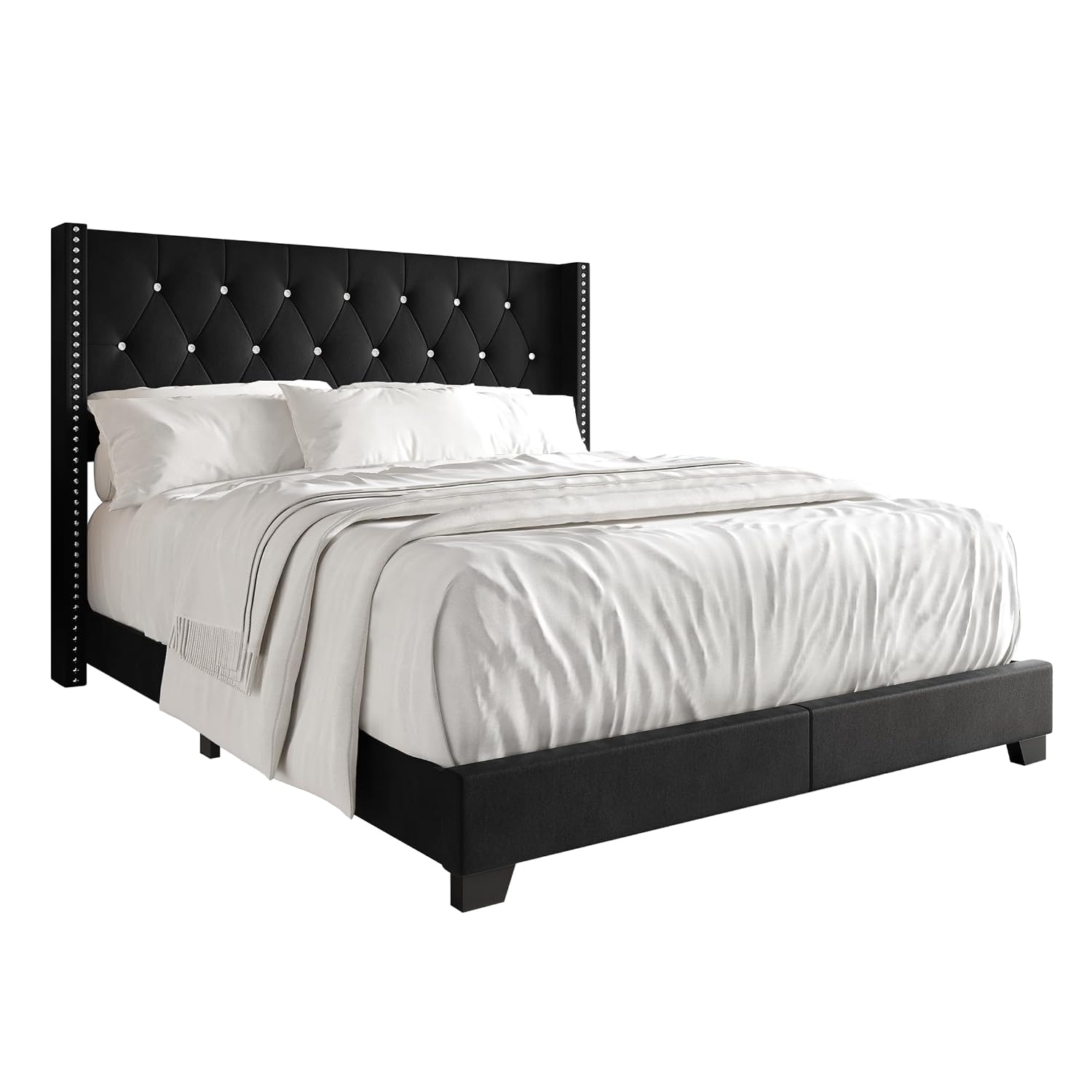 Queen Button Tufted Wingback Velvet Upholstered Bed, Black