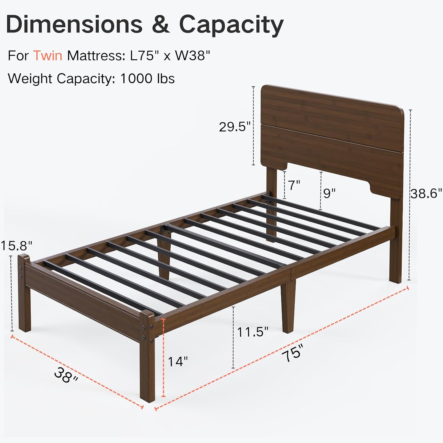 14 Inch High Solid Bamboo Wood Twin Bed Frames with Headboard, Heavy Duty Metal Slat Support, Easy Assembly, No Box Spring Needed