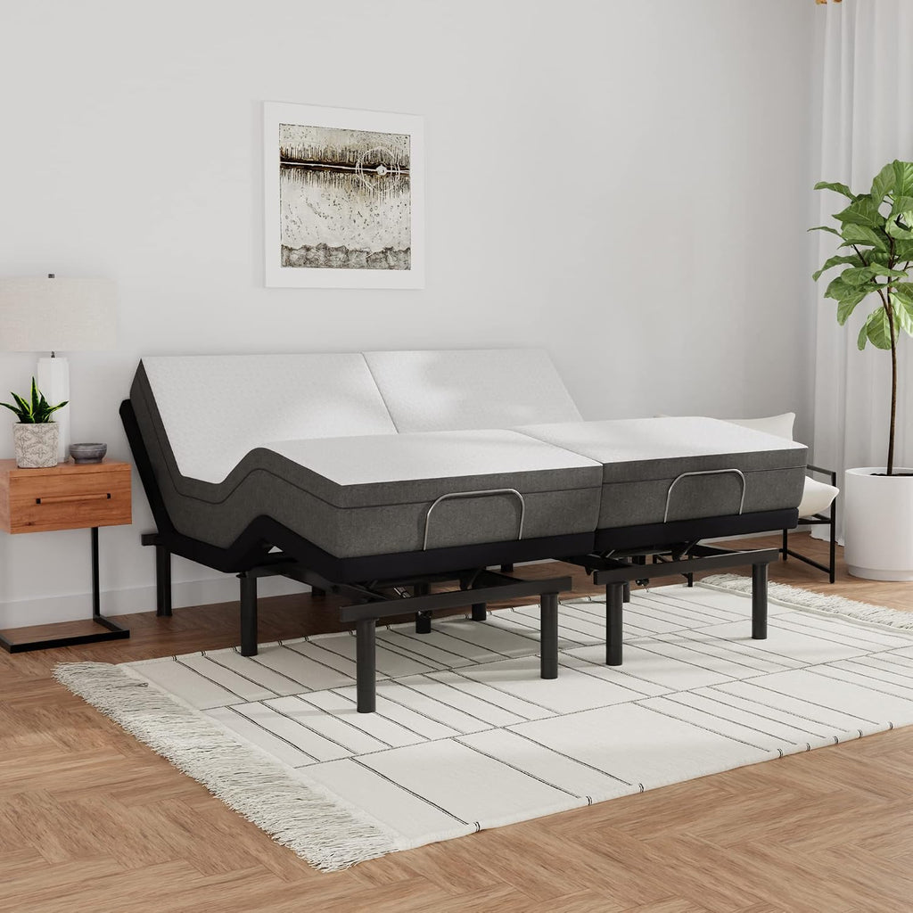 Blissful Nights e3 Cal King Split Adjustable Bed Base Frame with 10' Medium Firm Gel Infused Memory Foam Mattress
