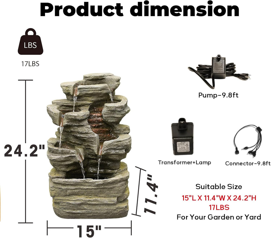 24.2' H Rock Cascading Water Fountain Outdoor&Indoor, 6-Tier Garden Naturefalls Fountains, Floor-Standing Waterfall with Lights for Patio, Backyard, Deck, Porch, Home DéCor, Stone Gray