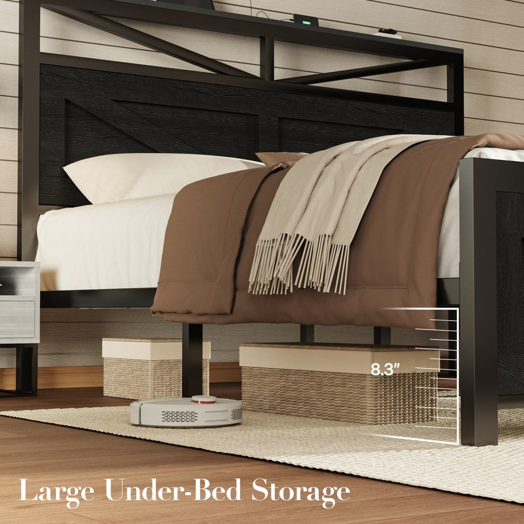 Rustic Queen Bed Frame with Barn Door Headboard and Storage, Farmhouse LED Bed Frame Queen Size with Charging Station, Industrial Bed Frames Metal Slats Support, No Box Spring Needed, Black