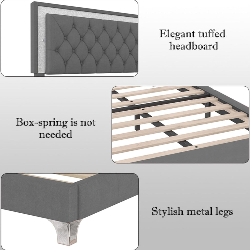 Linique 3-Pieces Bedroom Sets, Queen Size Velvet Upholstered Platform Bed Frame with LED Lights and Two Nightstands, Wooden Platform Bed with Button Tufted Headboard, Grey