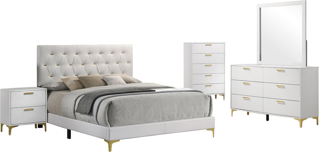Coaster Home Furnishings Kendall 5-piece Modern Bedroom Set Queen Size Upholstered Tufted Bed Frame Velvet Upholstery Nightstand Dresser Mirror and Chest White 224401Q-S5