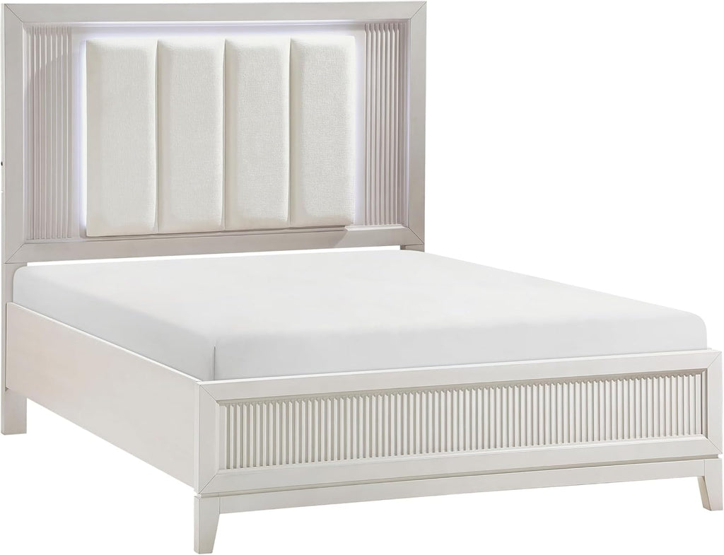 Modern Antique White Finish Bedroom Set 5 Piece California King Size Bed with LED Light Wooden Furniture