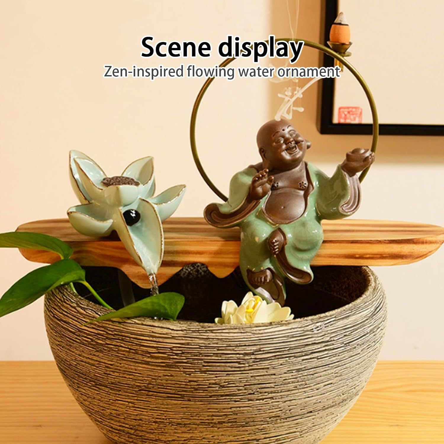 Tabletop Waterfall Fountain, Zen Meditation, Resin, Indoor Water Feature for Home, Office, Bedroom, Living Room, Space, Fengshui Decor(A,12.5 * 12.5 * 11.2in)