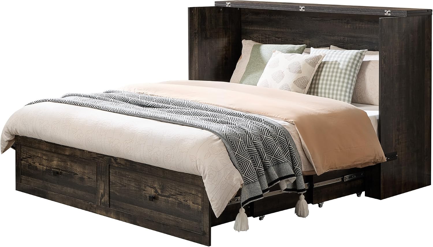 AMERLIFE Queen Murphy Bed Cabinet with Charging Station and Storage, Farmhouse Foldable Platform Bed for Guest Room, Office, Small Spaces, Black Oak