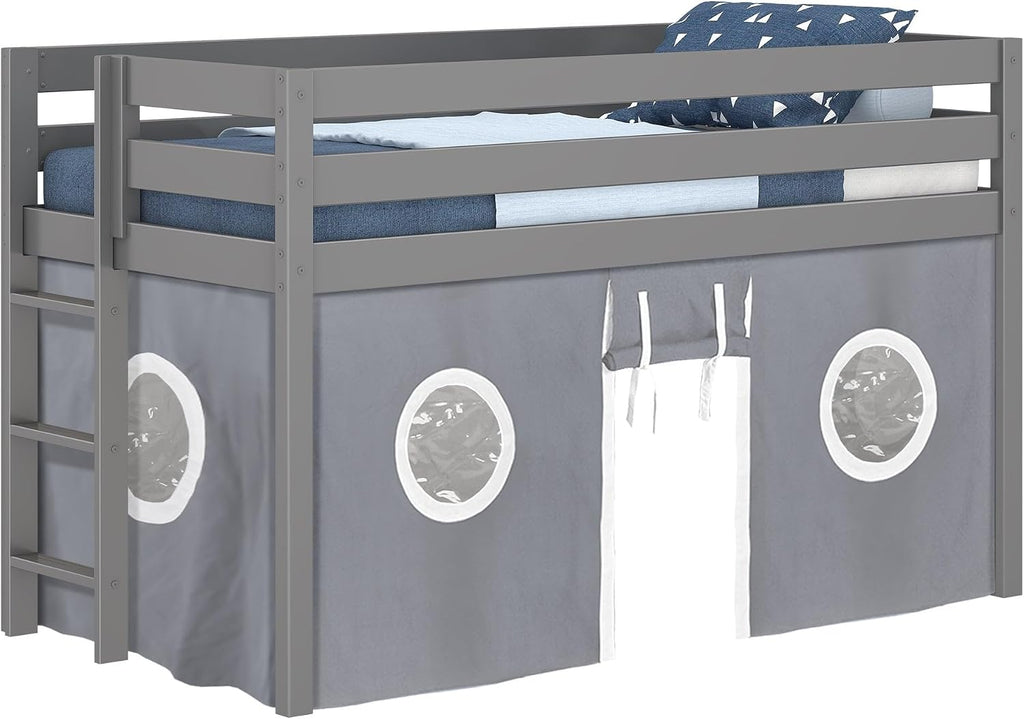 Jackpot! Contemporary Low Loft Twin Bed with End Ladder, Gray with Gray & White Tent