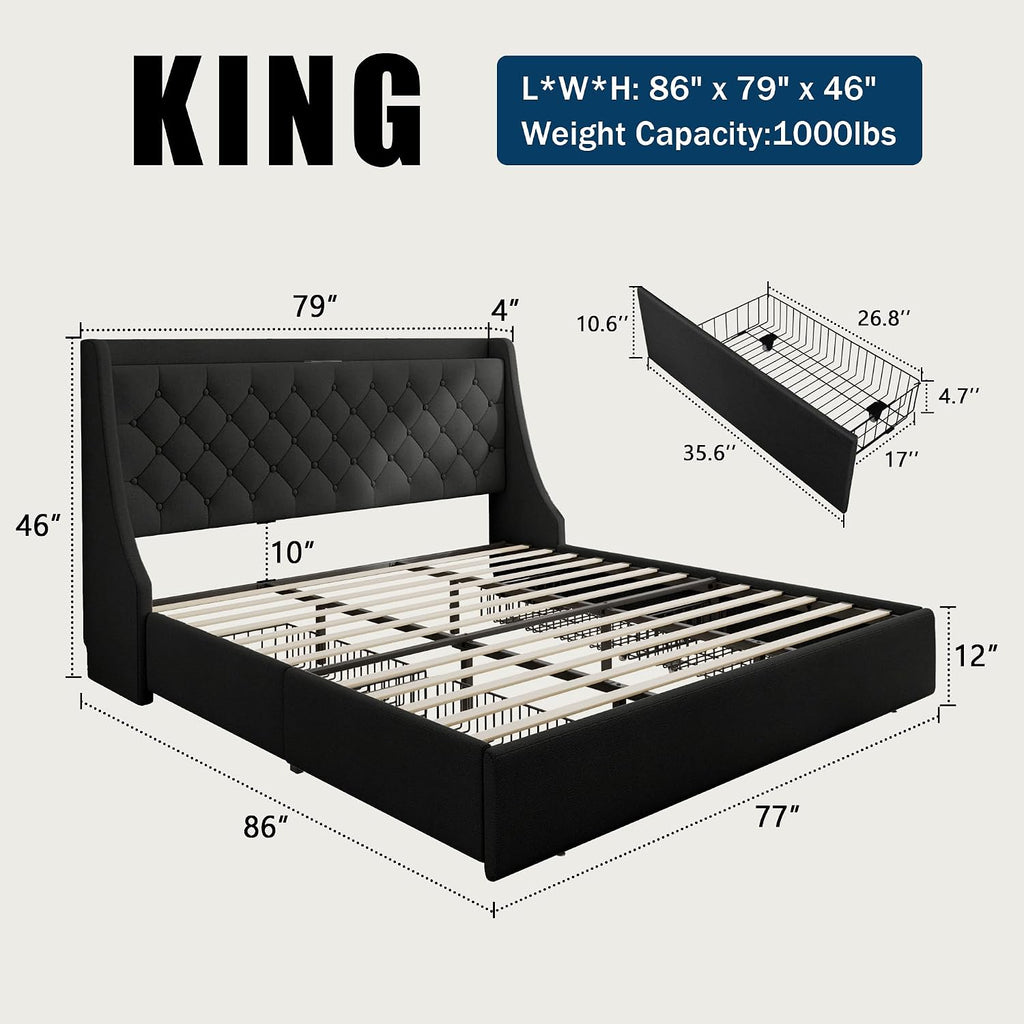 GalnFu King Size Bed Frame with 4 Storage Drawers, Giant Upholstered Wingback Headboard, Fast Charging Station, No Box Spring Needed, Noise-Free, Black