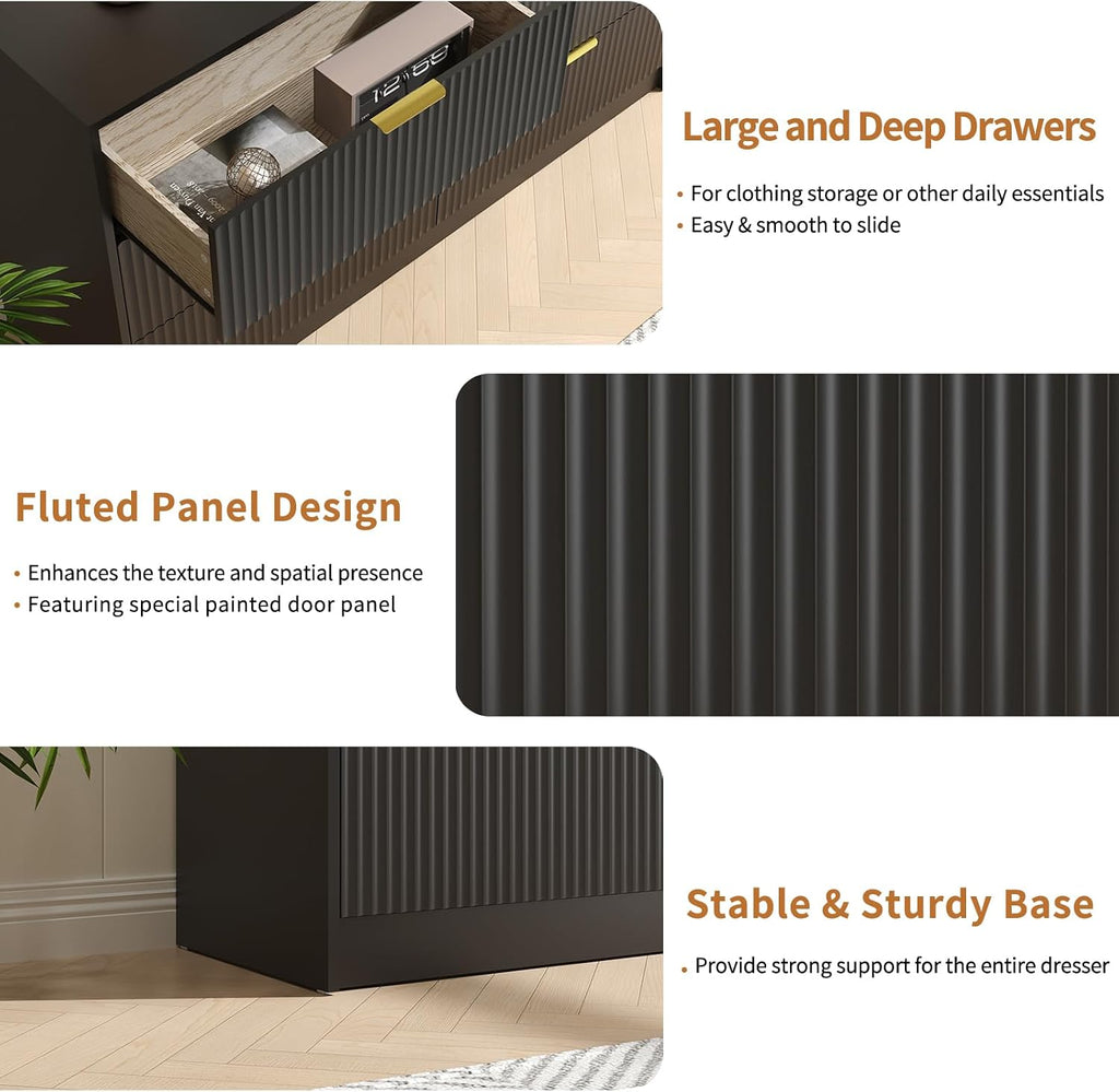 6 Drawer Dresser & Nightstand Set 3-Piece, 55' Wide Bedroom Set Night Stand Set of 2 with Metal Handle, Fluted Modern Wood Chest of Drawers Storage Dressers Set for Bedroom, Black