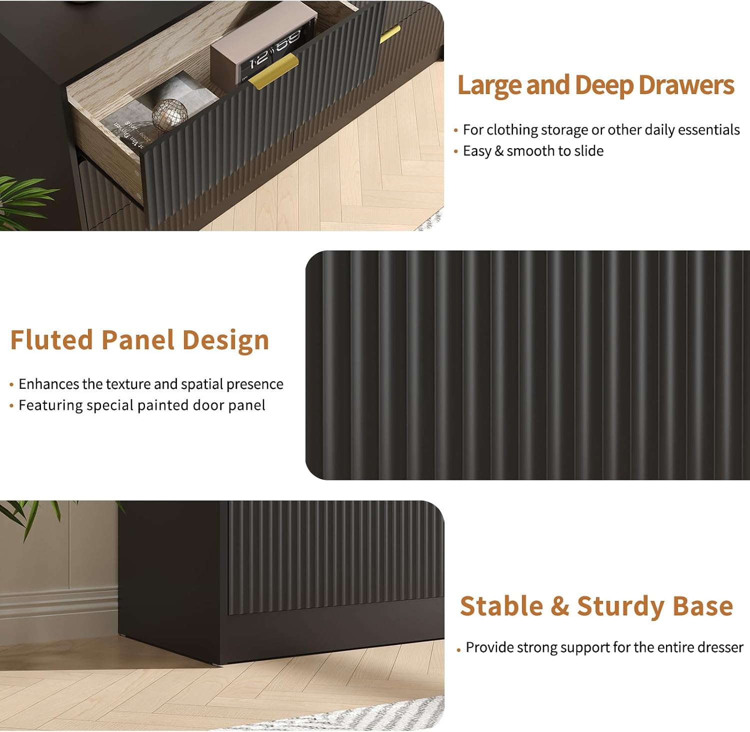 6 Drawer Dresser & Nightstand Set 3-Piece, 55' Wide Bedroom Set Night Stand Set of 2 with Metal Handle, Fluted Modern Wood Chest of Drawers Storage Dressers Set for Bedroom, Black