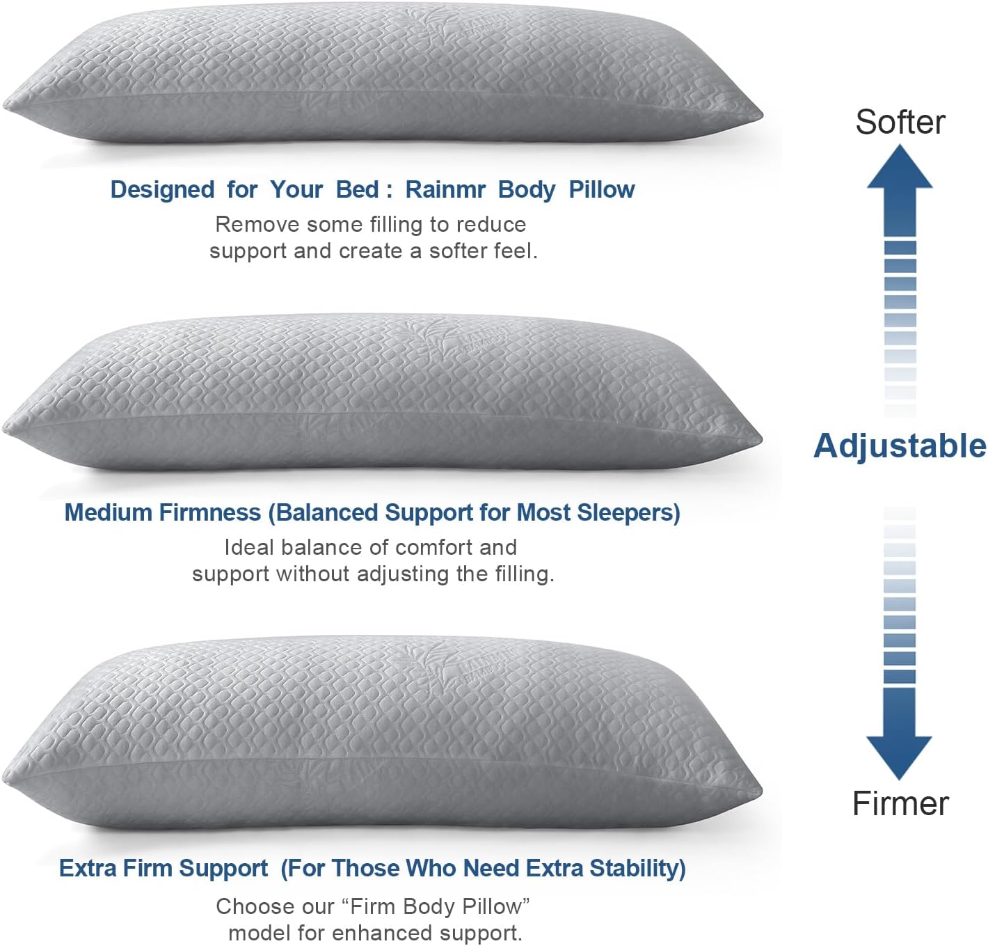 Rainmr Extra Long Body Pillow Memory Foam 180x50cm – Firm King Size Body Pillows for Adults – with Gray Cooling Cover 20 x 70 inches
