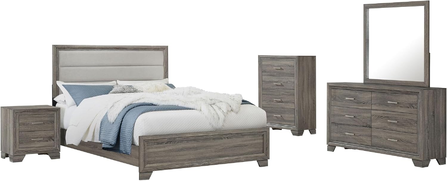 Benzara Reay 5 Piece Queen Bedroom Set with Dressers, Upholstered, Gray Brown