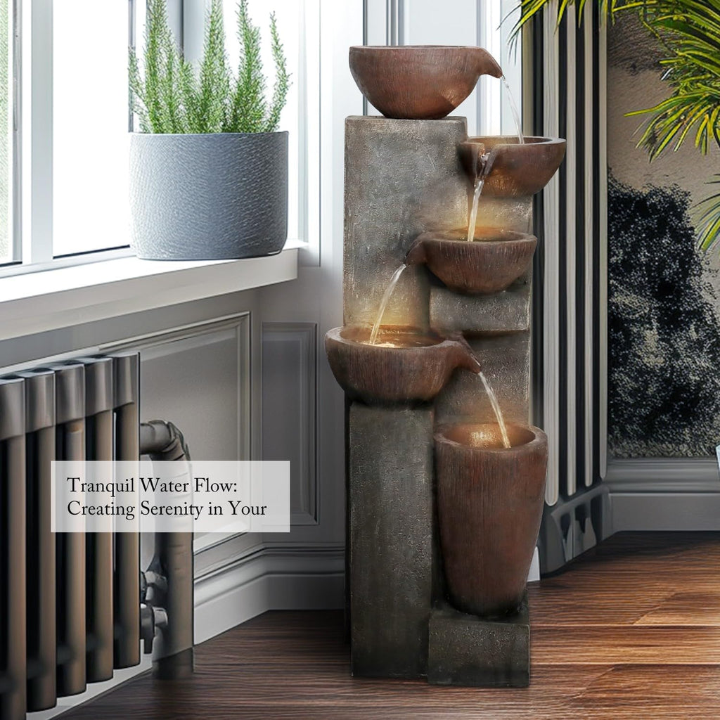 SunJet 5-Tier Cascading Indoor/Outdoor Water Fountain with LED Lights - 39.7' High Large Waterfall Floor Standing Fountain for Garden, Patio, Yard, and Deck Decor - Relaxing Outdoor Water Feature
