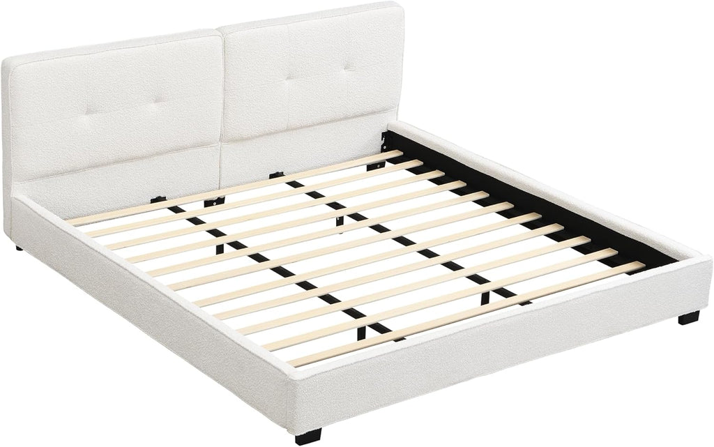 JIVOIT King Size Platform Bed, Boucle Upholstered Platform Bed with Curved Tufted Headboard, Soft Square Corners, Wood Slats Support, No Box Spring Needed