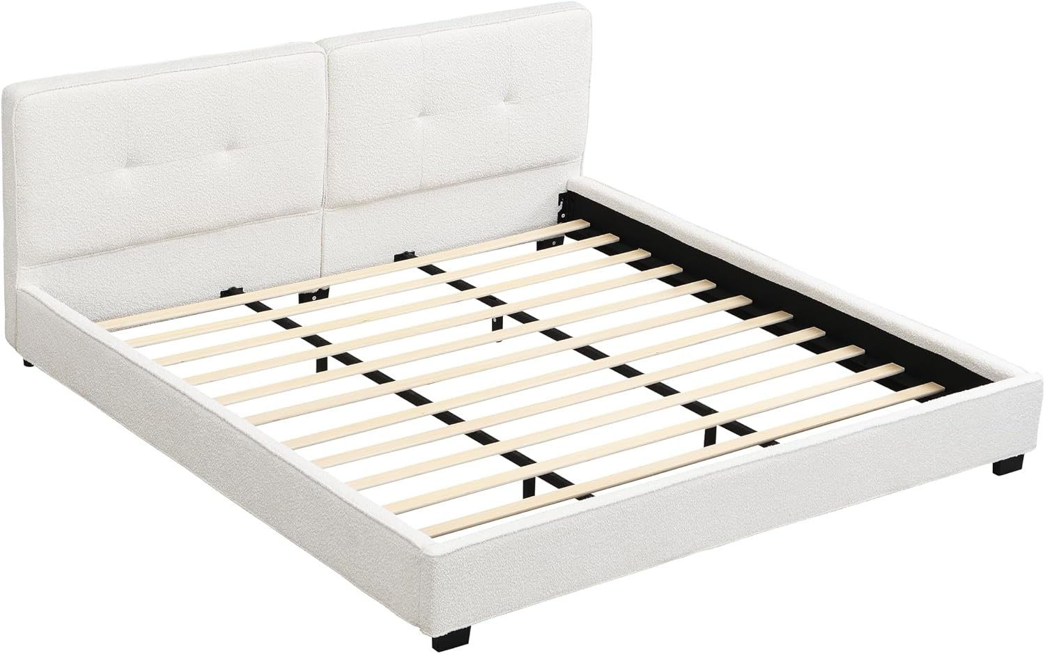 JIVOIT King Size Platform Bed, Boucle Upholstered Platform Bed with Curved Tufted Headboard, Soft Square Corners, Wood Slats Support, No Box Spring Needed