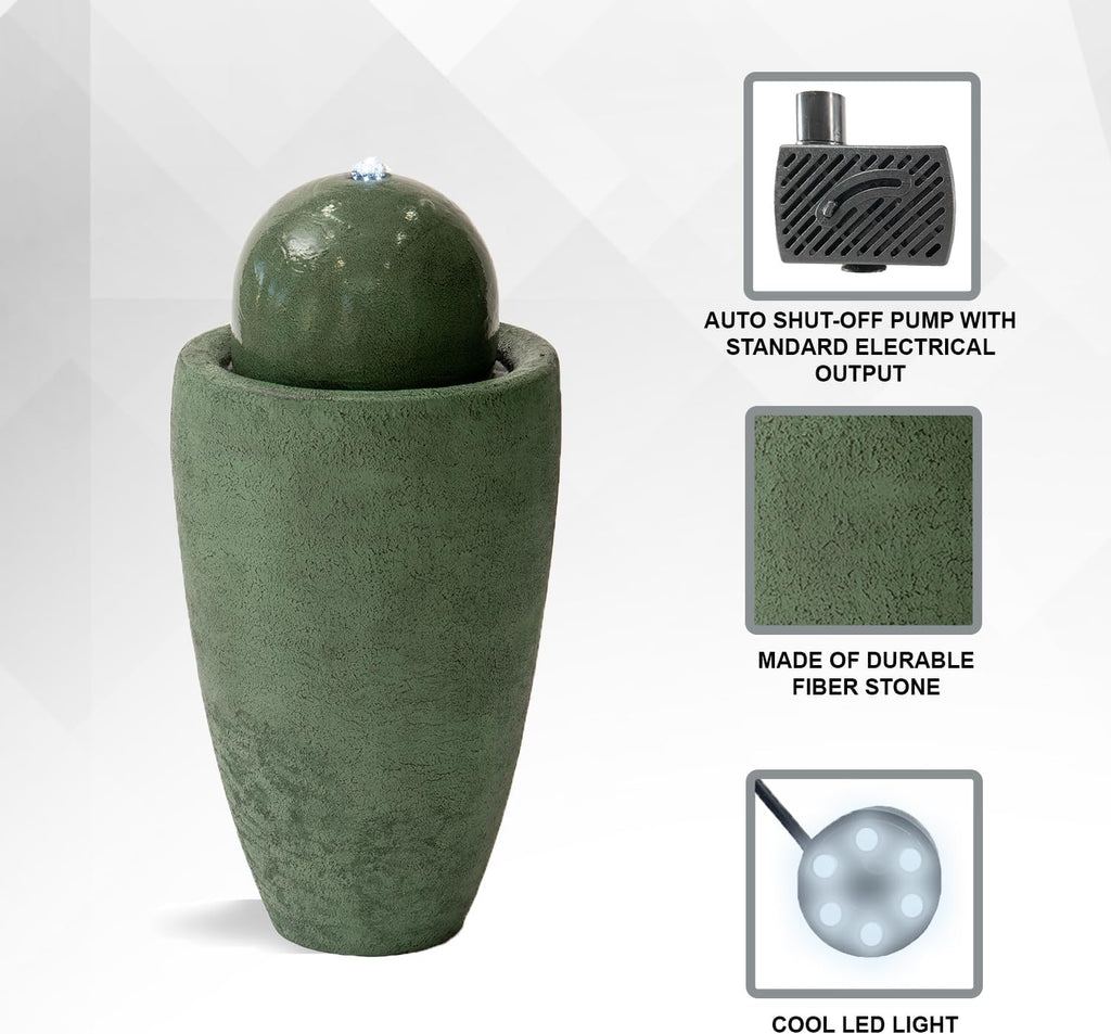 XBrand 25.98' Modern Sphere Water Fountain with LED Light – Indoor Outdoor Stone Texture Floor Fountain, Zen Bubbling Ball Water Feature for Garden Patio Porch - Green