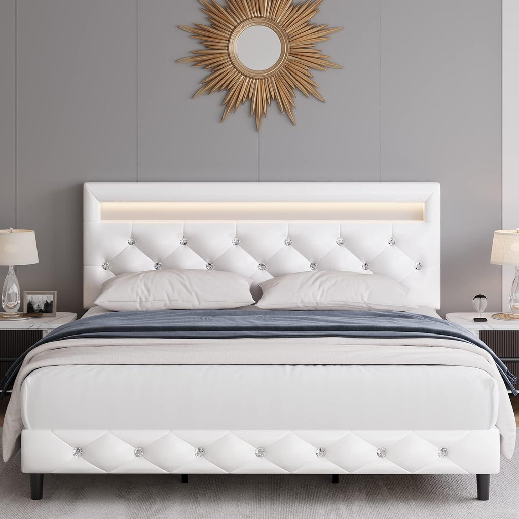 Keyluv Modern Upholstered Full Size Bed Frame with LED Lights, Faux Leather Low Profile Platform Bed Frame, Adjustable Crystal Button Tufted Headboard, Strong Wood Slat Support, Easy Assembly, White