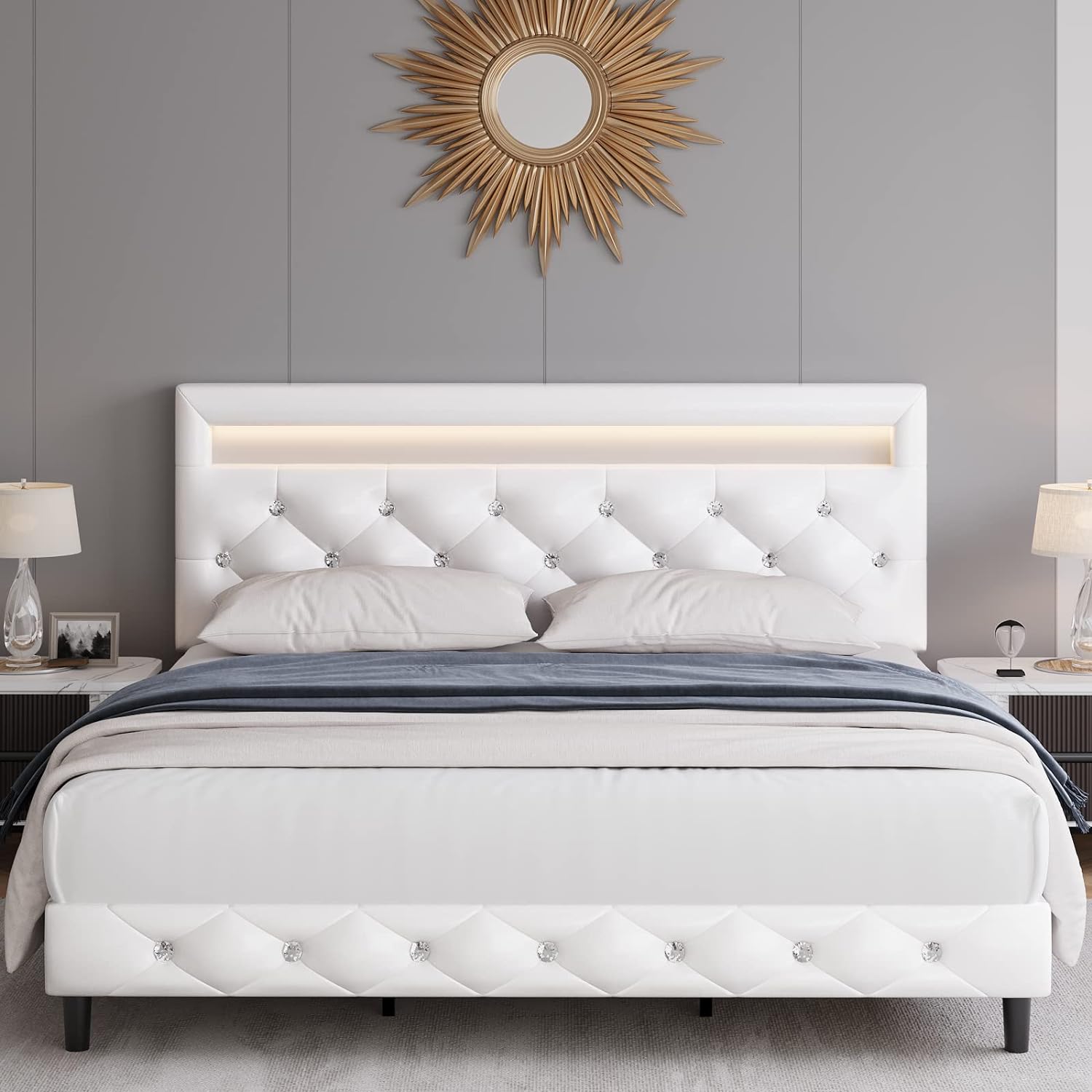 Keyluv Modern Upholstered Full Size Bed Frame with LED Lights, Faux Leather Low Profile Platform Bed Frame, Adjustable Crystal Button Tufted Headboard, Strong Wood Slat Support, Easy Assembly, White