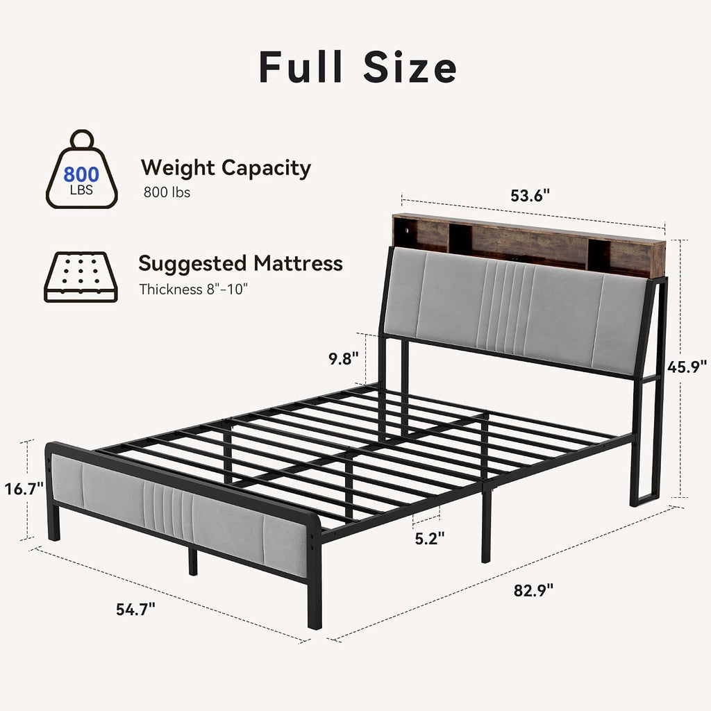 BedsPick Full Size Bed Frame with Ergonomic Headboard, Upholstered Metal Platform Bed Full with 2-Tier Storage, Charging Station, Smart LED Lights, Easy Assembly, No Box Spring Needed, Gray