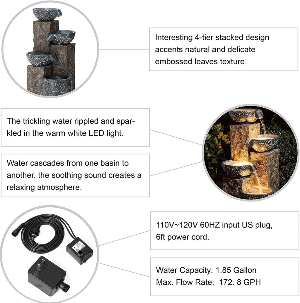 Glitzhome 32.75' H Outdoor Garden Water Fountain with LED Lights and Pump, Natural Leaf Textured 4-Tier Resin Cascading Floor-Standing Fountain for Porch Deck Patio Backyard Decoration