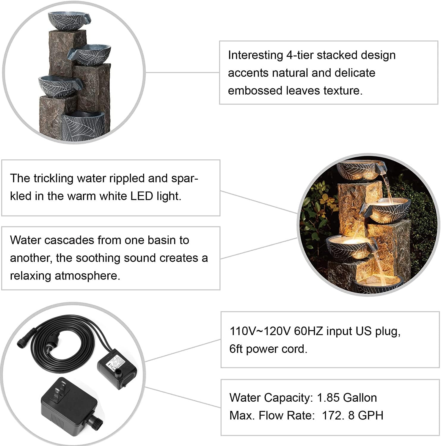 Glitzhome 32.75' H Outdoor Garden Water Fountain with LED Lights and Pump, Natural Leaf Textured 4-Tier Resin Cascading Floor-Standing Fountain for Porch Deck Patio Backyard Decoration