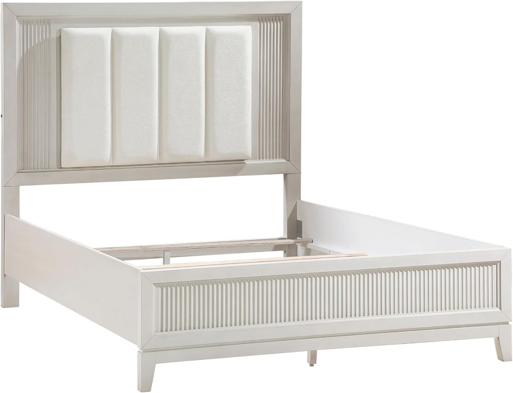Modern Antique White Finish Bedroom Set 5 Piece California King Size Bed with LED Light Wooden Furniture