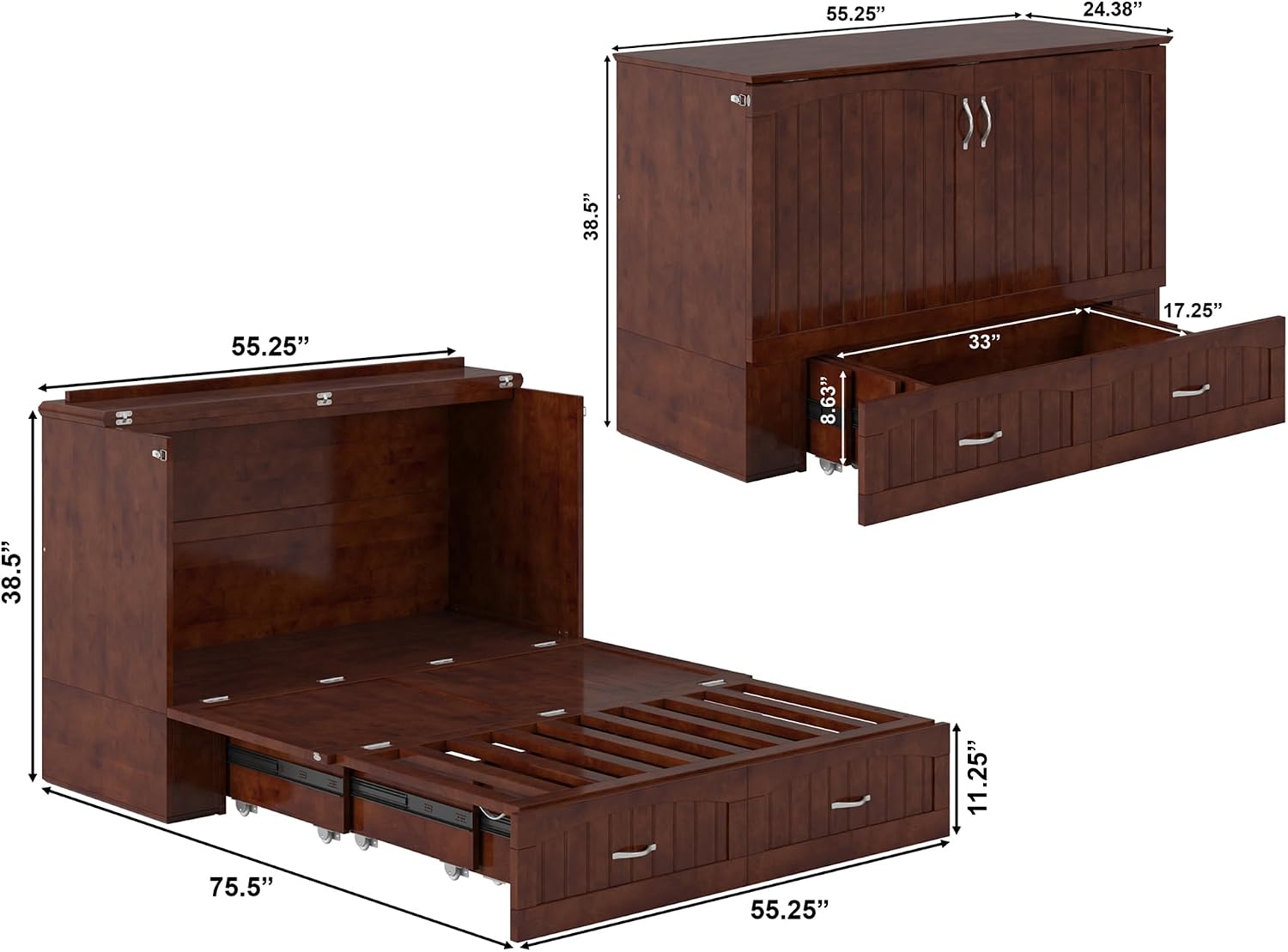 AFI, Southampton Murphy Bed Chest Full with 6' Mattress, Built-in USB Charger & Storage Drawer, Walnut