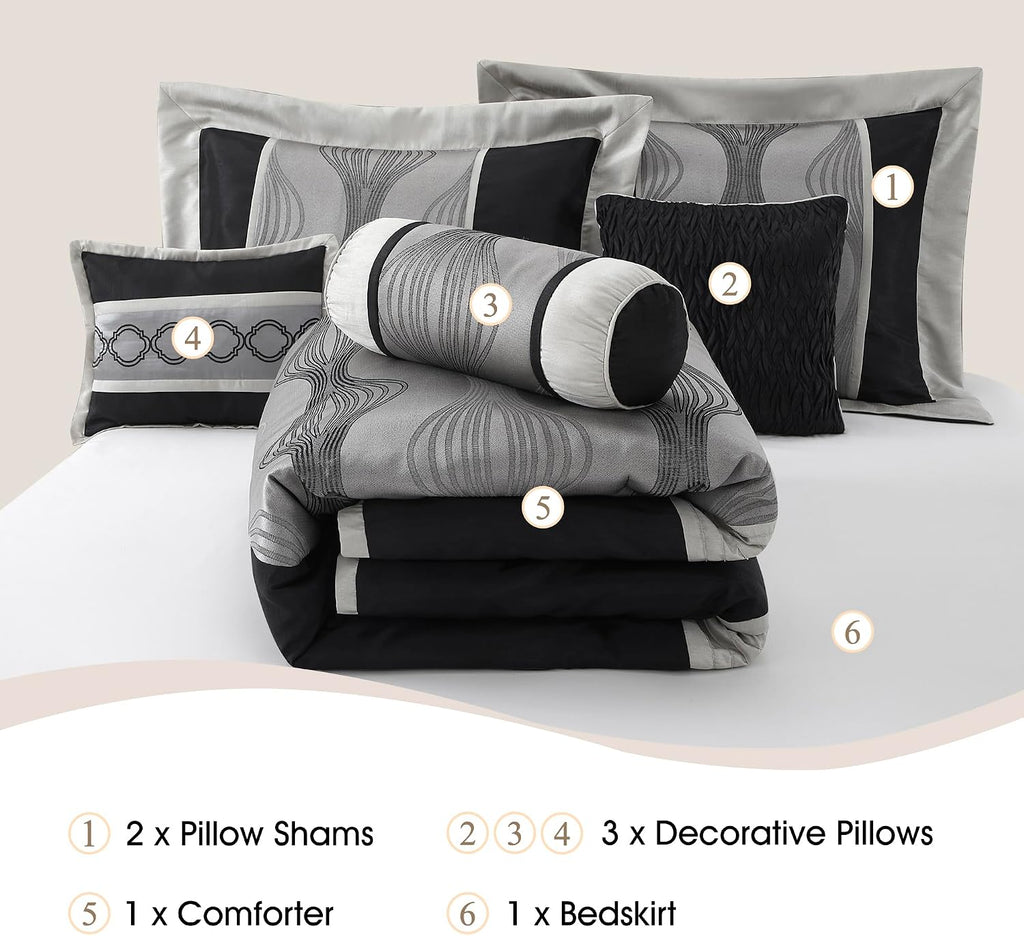 Stratford Park Elegant Black and Silver Comforter Set California King Size, Striped, 7 Pieces Bedding & Collection, Jacquard All Season Comforter & Pillows, Ultra-Soft Microfiber