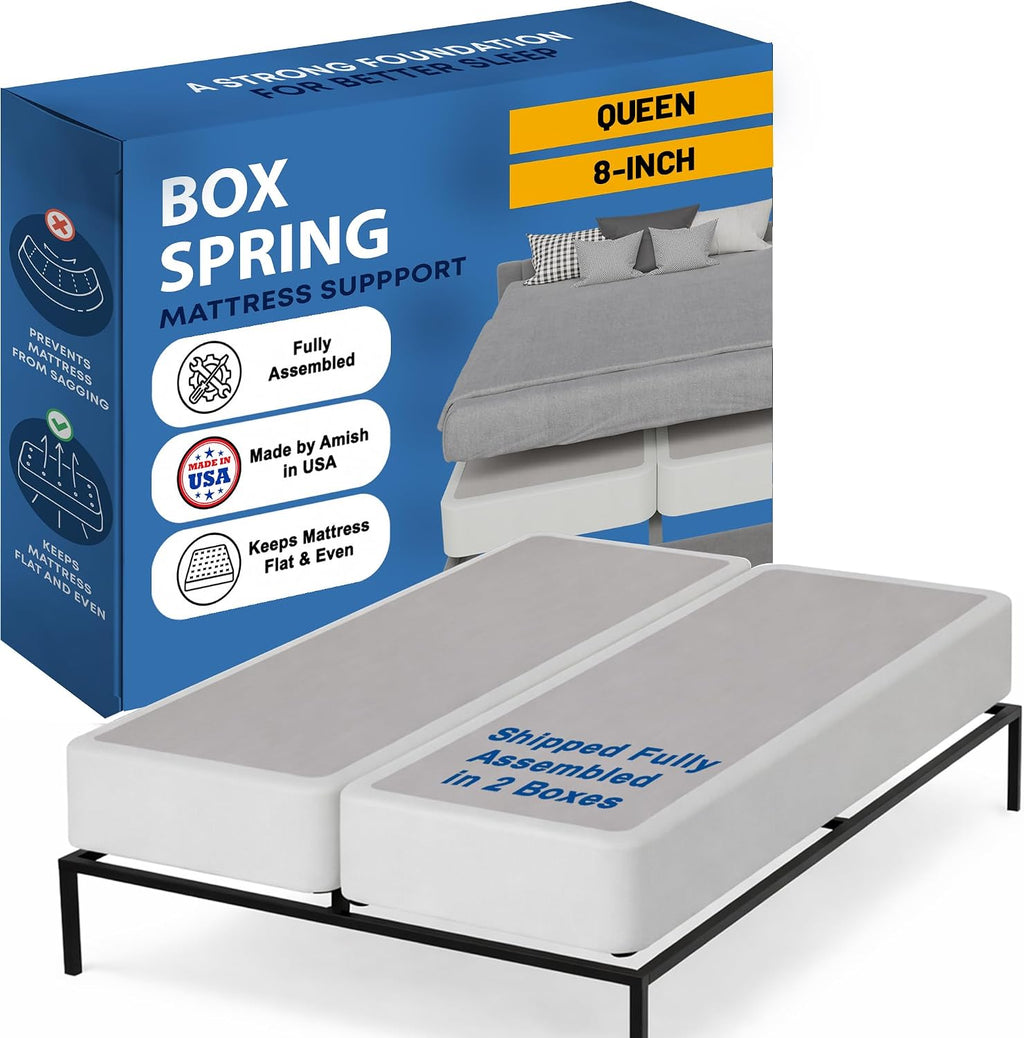 Greaton, Box Spring Bed Base Queen Size, 8-Inch Wood Mattress Foundation – Amish Made in USA – Quiet Noise Free, 2-Pieces Under Mattress-Support BoxSpring, Fully Assembled, White
