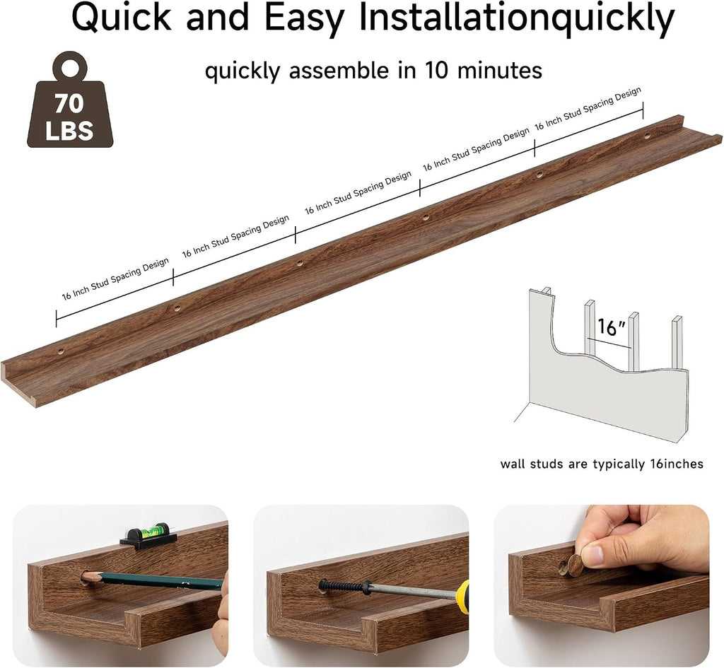 Floating Picture Ledge Shelves for Wall Set of 2, 95 Inches Picture Ledge Shelf with Long Large Nursery Book Shelf for Toys Storage Kids Bookshelf Wall Mounted Living Room Bedroom Decor Frames, Walnut