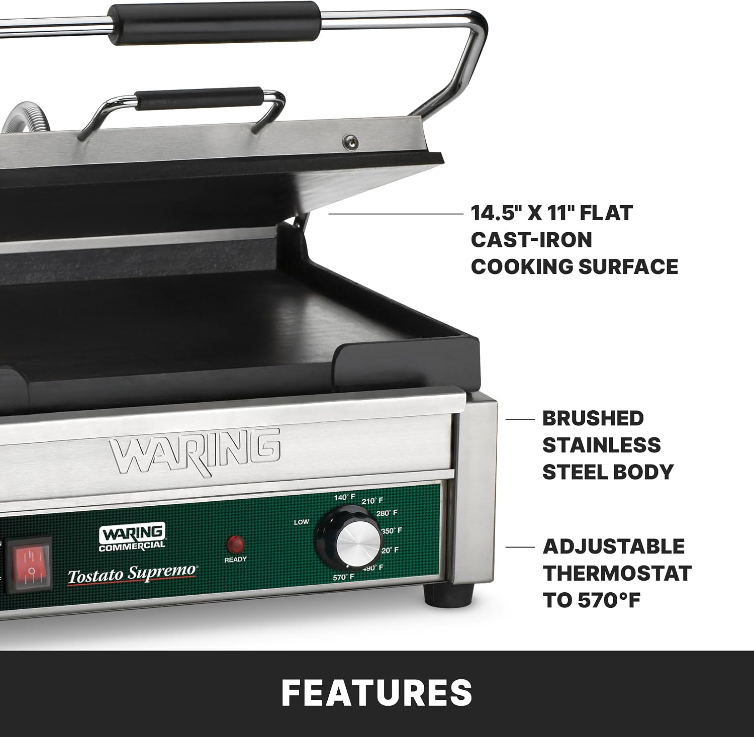 Waring Commercial Panini Press, Flat Cast Iron Plates, 14.5' x 11' Cooking Surface, 570°F Adjustable Thermostat, for Sandwiches up to 3' Thick, Professional Kitchen Grill, 120V, WFG250