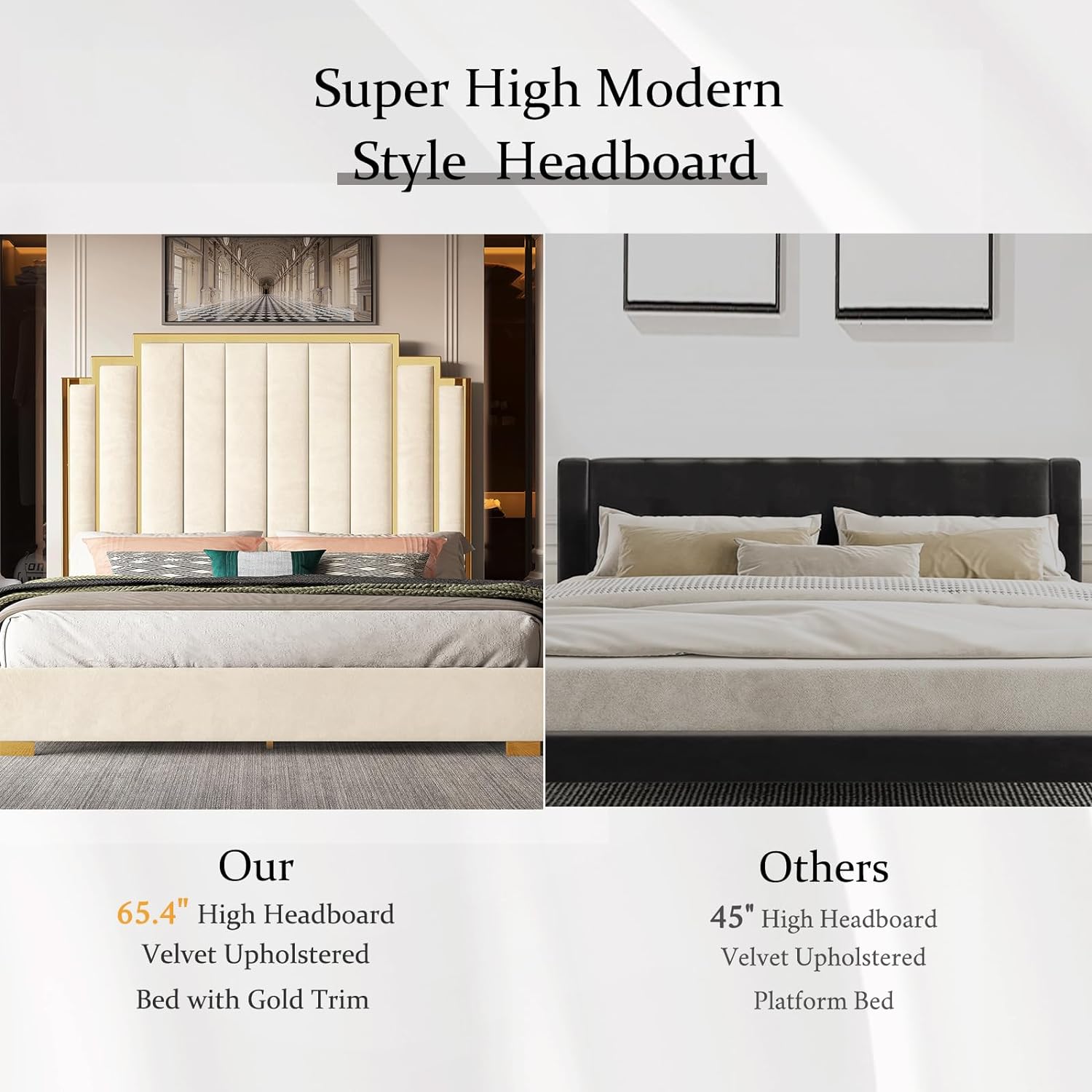 Albott King Size Platform Bed Frame, 65' Velvet Upholstered Bed with Gold Trim Headboard/Wooden Slats/No Box Spring Needed/Cream